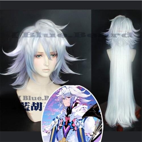 Anime FGO Fate/Grand Order Cosplay Wig Servant Caster Merlin Mixed Colors Long Synthetic Hair Cosplay Costumes Wigs + Cap +Track