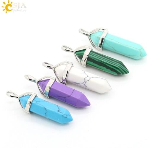 CSJA 1pcs Bullet Shape Hexagonal Prism Healing Point Green Peacock Tophus Stone Pendants Summer Jewelry Women Girl Gift E058