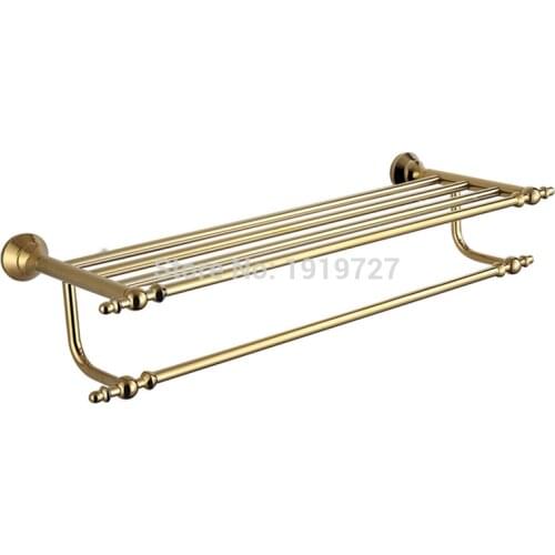 Factory Direct Solid Brass Unique Bathroom Accessories Luxury Classic Golden Retro Bathroom Towel Shelf Wall Mount Towel Rack