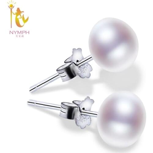 [NYMPH]Freshwater Pearl Earrings 925 Sterling Silver Jewelry Genuine Natural Stud Party Wedding Gift Fine Jewlery [E253]
