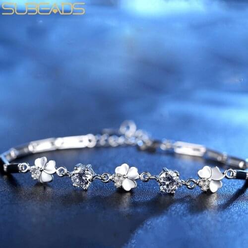 Subeads 925 Sterling Silver Crystal Lucky Cute Four-Leaf Clover Bracelets For Girlfriend Valentines Day Gift