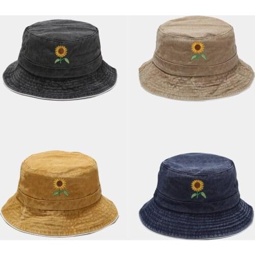 Embroidery washed vintage denim Sunflower Bucket hat панамы fisherman hat men and women outdoor wild crown embroidery basin hat