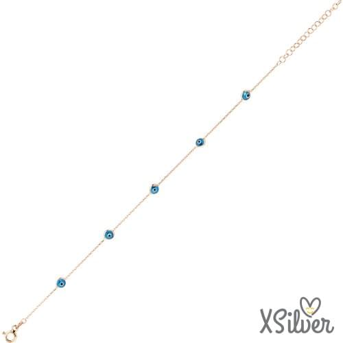 XSilver Nazar Boncuğu Sıra Taşlı 925 Ayar Gümüş Bileklik Rose Renk