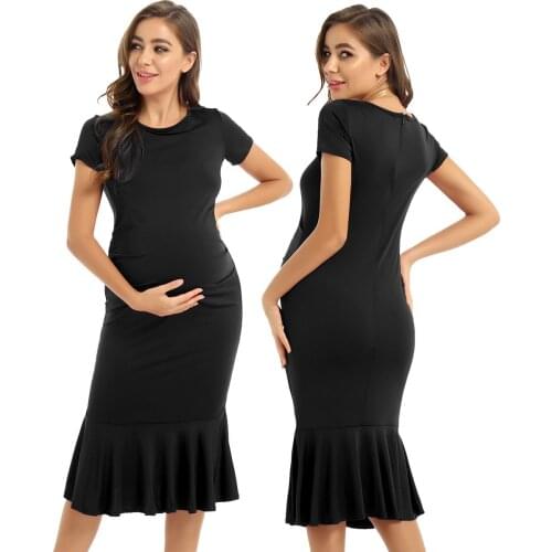 Maternity Women Clothing Fashion Summer Party Dress Short Sleeves Ruched Sides Flared Mermaid Ruffle Hem Bodycon Midi Dress