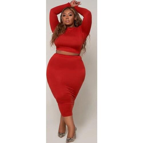 ZJFZML ZZ Women Clothing Two Piece Set Plus Size Long Sleeve Stretch Crop Top+body-shaping Skinny Skirt Dropshipping Wholesale