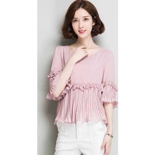 Womens Spring Summer Style Chiffon Blouses Shirt Womens O-neck Ruffles Solid Color Half Sleeve Patchwork Elegant Tops DF3659