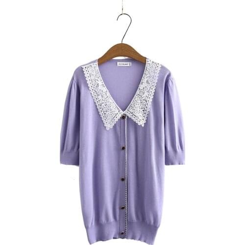 Plus size Lace collar knitted short sleeves tshirt 2021 new summer casual ladies black white violet t shirts female top
