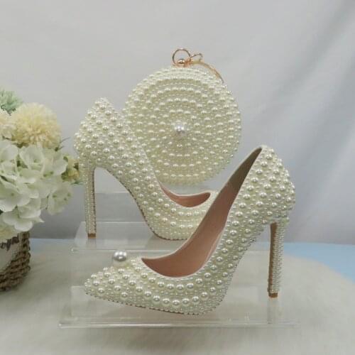 BaoYaFang Beige Beads Pearl women wedding shoes Bride High heels shoes ladies super big size party dress shoes woman Pointed Toe