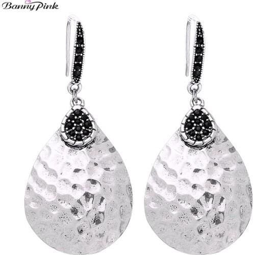 Banny Pink Vintage Hammer Metal Waterdrop Dangle Earrings For Women Ethnic Fishhook Drop Earrings Big Pendant Earrings Brincos