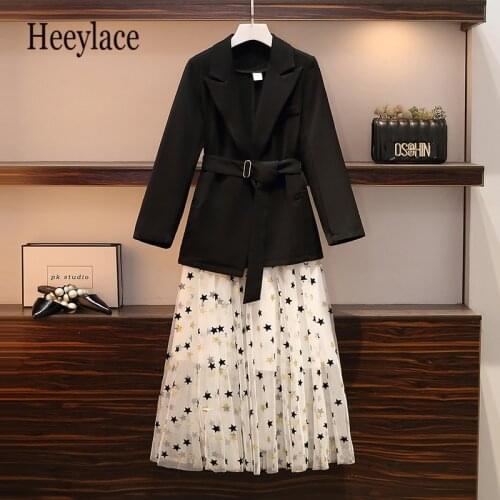 Plus Size office ladies Two Piece Sets Autumn 2020 Long Sleeve Blazers and Elastic Waist Star Print Mesh Pleated Skirts sets