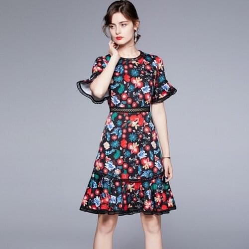 2021 Summer Runway Flare Sleeve Flower Printing SlimWomen Hollow Out Knee-Length A Line Holiday Beach Office Dresses