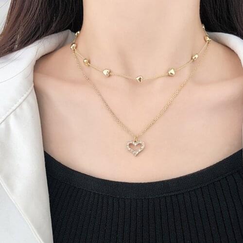 IPARAM Fashion Layered Crystal Heart Pendant Necklace for Women Vintage Hollow Heart Chain Clavicle Necklace Bohemian Jewelry