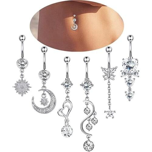 1Pc Surgical Steel Crystal Zircon Flower Heart Leaf bow-knot Dangle Button Navel Piercing Ring Belly Ring Body Jewelry
