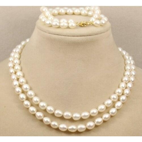 2 row 8-9mm genuine white fresh water oval pearl necklace bracelets 18inch