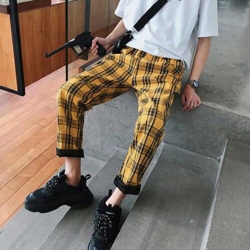 2021 Streetwear Yellow Plaid Pants Men Casual Joggers Mens Straight Harem Pants Men Hip Hop Trousers Plus Size