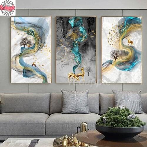 5d rhinestone diamond Abstract Golden Deer Painting diamond embroidery mosaic cross stitch 3 pcs/set Modern home wall decoration
