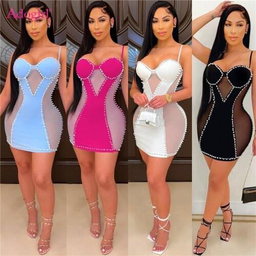 Adogirl Pearls Accent Sheer Mesh Patchwork Spaghetti Straps Mini Dress for Women Sexy Strapless Bodycon Night Club Party Wear