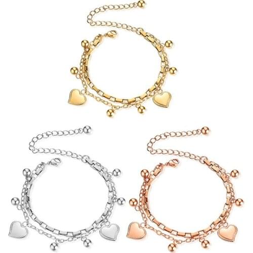 Box Chain Layer Bracelet Charms Beads Heart Women Bracelet Jewelry Stainless Steel Material Adjustable Fashion Jewelry