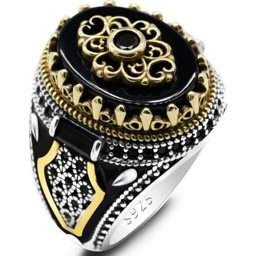 Black Men Ring with Natural Agate Stone 925 Sterling Silver Vintage Crown CZ Enamel Gem Rings Male Turkish Handmade Jewelry Gift