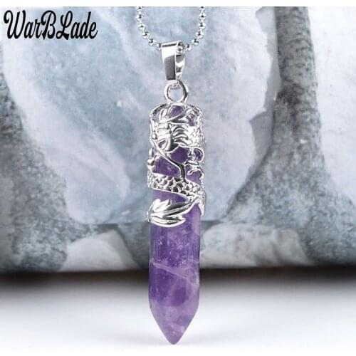 Dragon Tribe Totem Natural Stone Hexagonal Crystal Quartz Prism Ethnic Pendant Necklace WarBLade Hanging Jewelry for Women Men