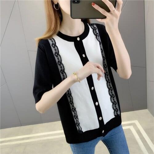 20418 (room 3, Row 6, No. 4 middle) real shooting Round Neck Lace color matching short sleeve knitted cardigan 40