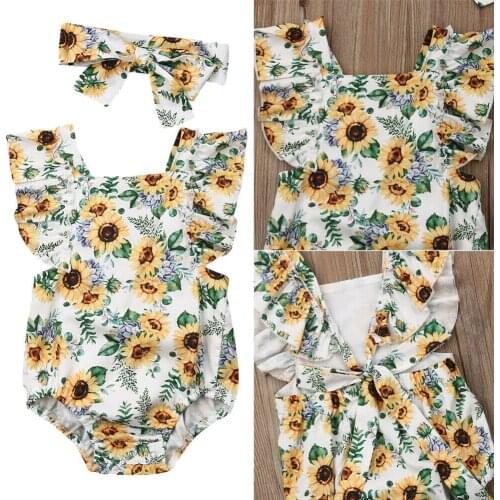 Newborn Baby Girl Summer Clothes Sunflower Print Bodysuits Jumpsuit Headband 2pcs Outfits Clothes