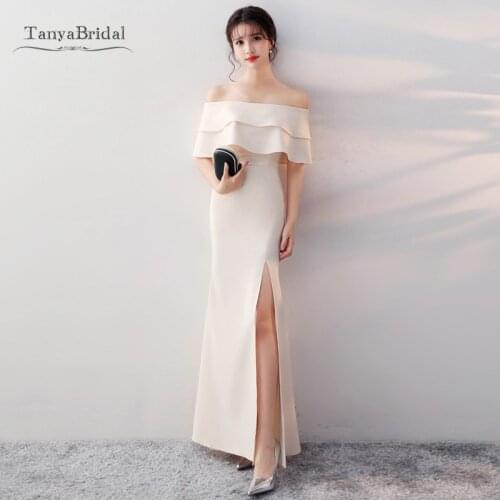 Fashion Champagne Beige Off Shoulder Floor Length Satin Ruffle Mermaid Bridesmaid Dresses Side Slipt Bridesmaid Dresses JQ669