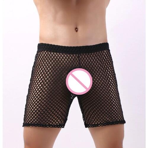 Mens Long Boxers Shorts Lingerie Mesh Transparent Underwear Casual Loose Sleepwear Boxershorts Fishnet Slip Hombre Gay Panties