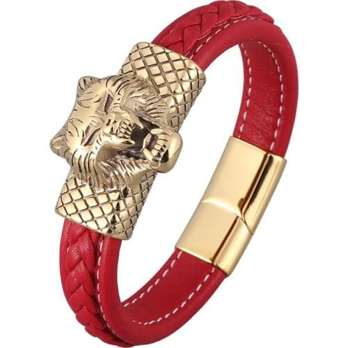 Golden Stainless Steel Wolf Head Punk Wristband Red Braided Leather Bracelets Men Hip Hop Jewelry Magnetic Buckle Bangles PD0886
