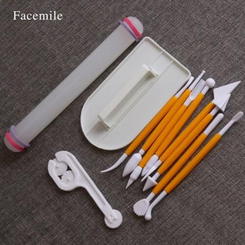 Facemile 11pcs/set Gift Sugarcraft Icing Gift Smoother Fondant Cutter Embosser Rolling Pin Modeling Tool Kit Set