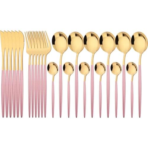 24Pcs Pink Gold Dinnerware Set Stainless Steel Cutlery Set Knives Forks Tea Spoons Dinner Set Kitchen Tableware Silverware Set
