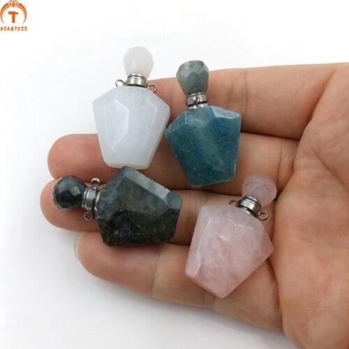 Natural Faceted Stone Perfume Bottle Pendant Crystal Essential Oil Diffuser polygon Urn Vial For Necklace Jewelry Making