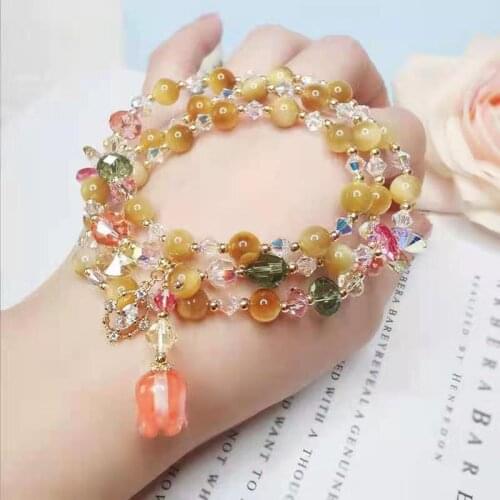 Natural Wangcai Gold Tiger Eye Bracelet Three Rings Austria Crystal Necklace Female Two Kinds of Wear Jewelry Girlfriend Gift