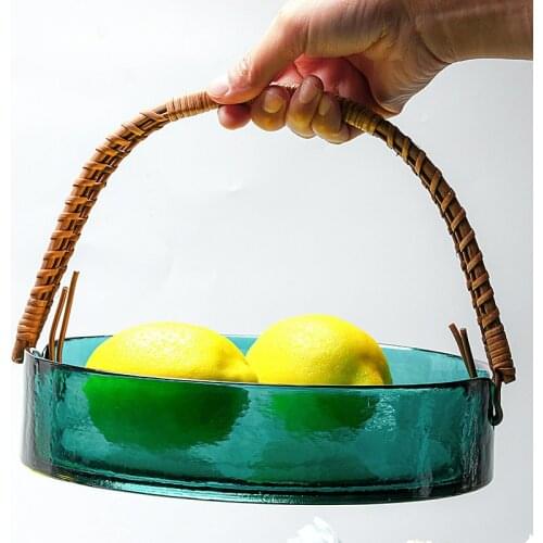Rattan Portable Glass Fruit Platter Home Living Room Tea Time Snack Tray Basket Fruit Tray Kitchen Items Food Container Storage