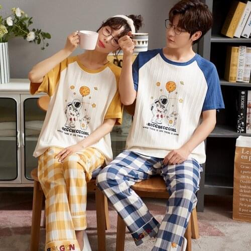 Couple pajamas Summer Cotton Short Sleeve pants thin Korean loose cartoon womens spring can wear home suit new