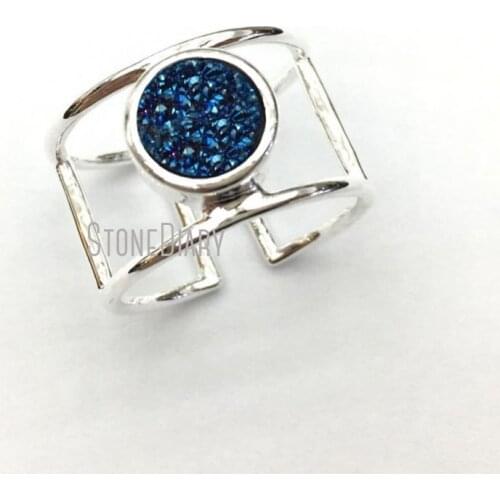 RM12695 Double Wrapped Titanium Blue Druzy Crystal Silver Electroplated Round Shape Ring Copper Ring For Less Adjustable