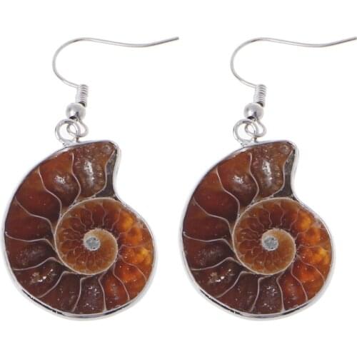 Natural Snail Ammonite Spiral Whorl Conch Shell Fossils Pendant Dangle Earrings