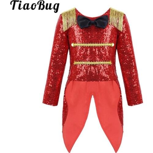TiaoBug Kids Circus Ringmaster Costume Girls Halloween Cosplay Party Long Sleeves Shiny Sequin Bowtie Fringe Swallow-Tailed Coat