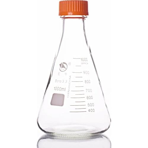 Thread river mouth triangle reagent bottle,With yellow screw cover,Borosilicate glass 3.3,Capacity 1000ml,yellow cap