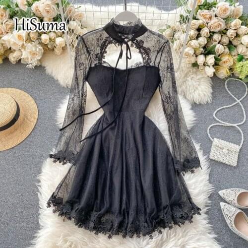 HISUMA 2021 spring new women O-neck lace-up gauze splicing lace mesh A-line dress female elegant waist ruffles party dresses