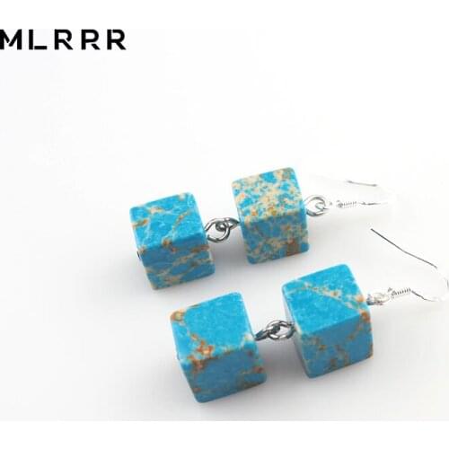 MLRRR Vintage Romantic Natural Stone Jewelry Handmade Square Emperor Stone Beaded Pendant Drop Earrings
