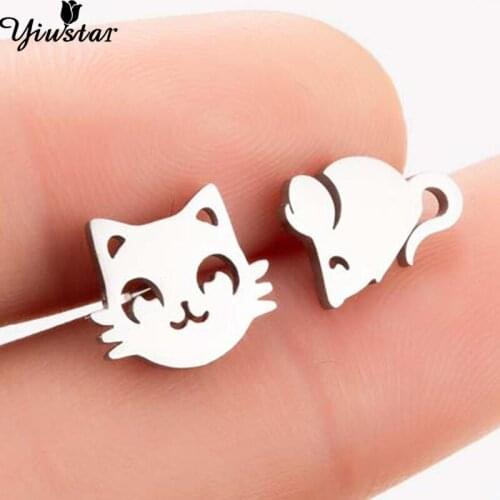 Yiustar Mini Sweet Cute Animal Cat And Mouse Stud Earrings For Women Earrings Stainless Steel Female Jewelry pendientes Dress Up