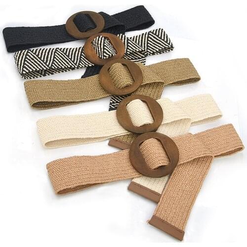 2021 best selling elastic elastic PP straw Lafite woven wood buckle womens waist belt