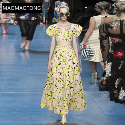 Fashion Runway Summer Skirts Set Womens Square Neck Short-sleeved Top And High Waist Printed Midi Skirt 2 Pieces Suit