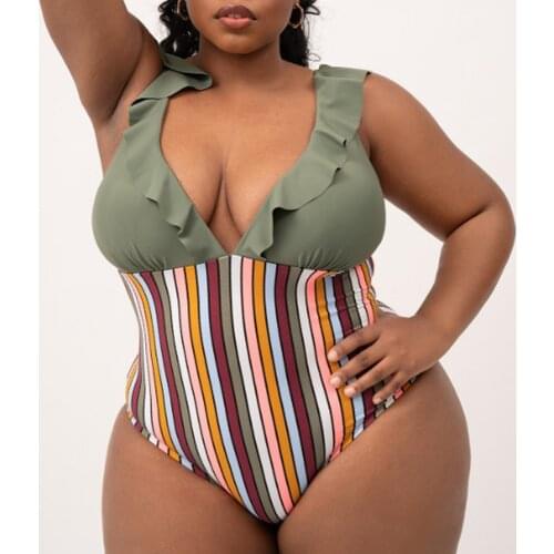 Plus Size Ruffled One-Piece Swimsuit Ladies Sexy Lace-Up Swimwear 2021 Beach Swimsuit Fashion Large Breasts Tankini Set