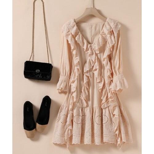 New Women V-neck Ruffles White Lace Summer Dress Jurken Zomer 2021 High Quality Cutout Retro Loose A- Line Hollow Dress N9847