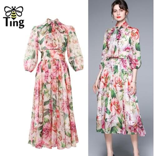 Tingfly Vintage Elegant Designer Rose Flower Print Chiffon Dress Women Midi Long Bow Collar Party Dresses Vestidos Elbise Chic