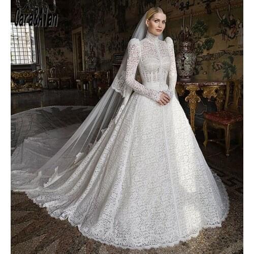 Modest Victoria Robe De Soirée De Mariage Full Lace A Line Wedding Dresses 2021 Long Sleeves High Neck Vintage Bridal Gowns