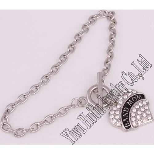 Link chain zinc studded with rhinestone BAND MOM pendant bracelet