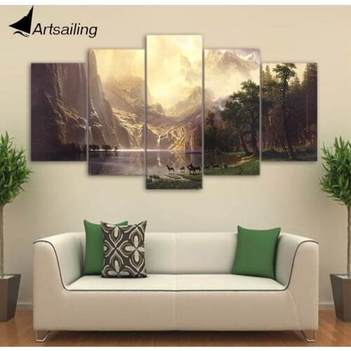 5 Pcs Canvas Art Mountain Lake Deers HD Printed Wall Art Home Decor Canvas Painting Picture Poster Prints Free Shipping NY-6564A